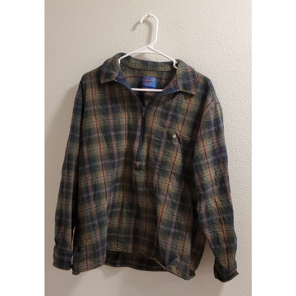 PENDLETON XL Vintage Half-Zip Wool Green Plaid Flannel